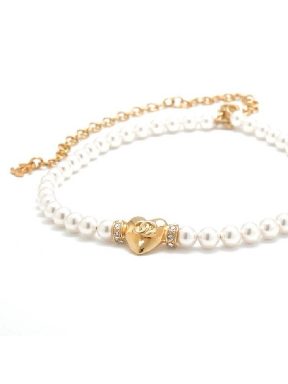 Chanel Choker White Gold Heart Coco Mark Rhinestone
